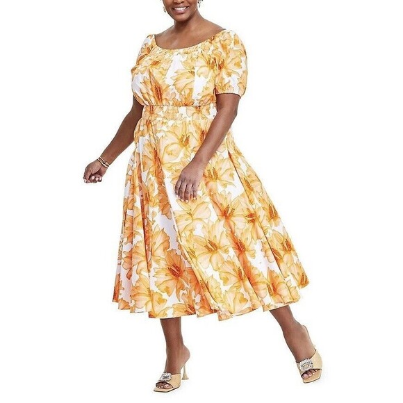 INC International Concepts Dress Women’s XL Orange Mango Maya Floral Cotton Midi - Picture 2 of 9